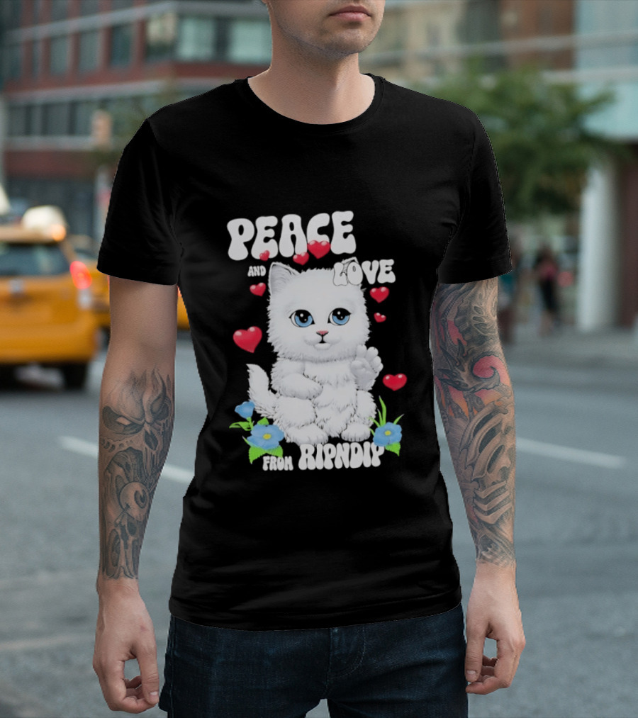 Peace And Love Ripndip Cat Kitten Hearts And Flowers T-Shirt