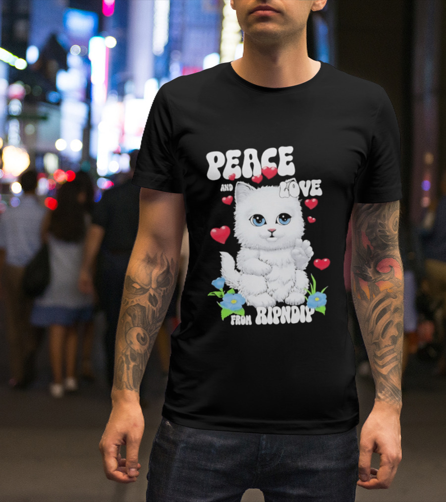 Peace And Love Ripndip Cat Kitten Hearts And Flowers T-Shirt