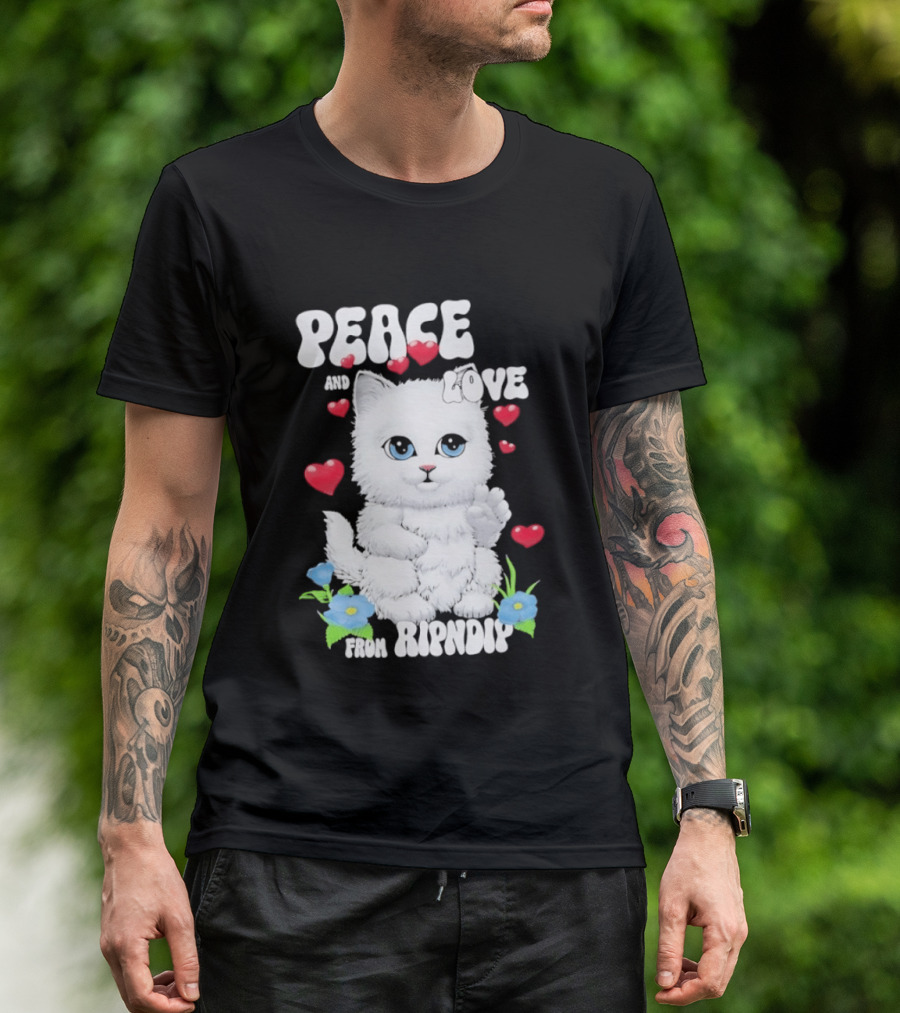 Peace And Love Ripndip Cat Kitten Hearts And Flowers T-Shirt
