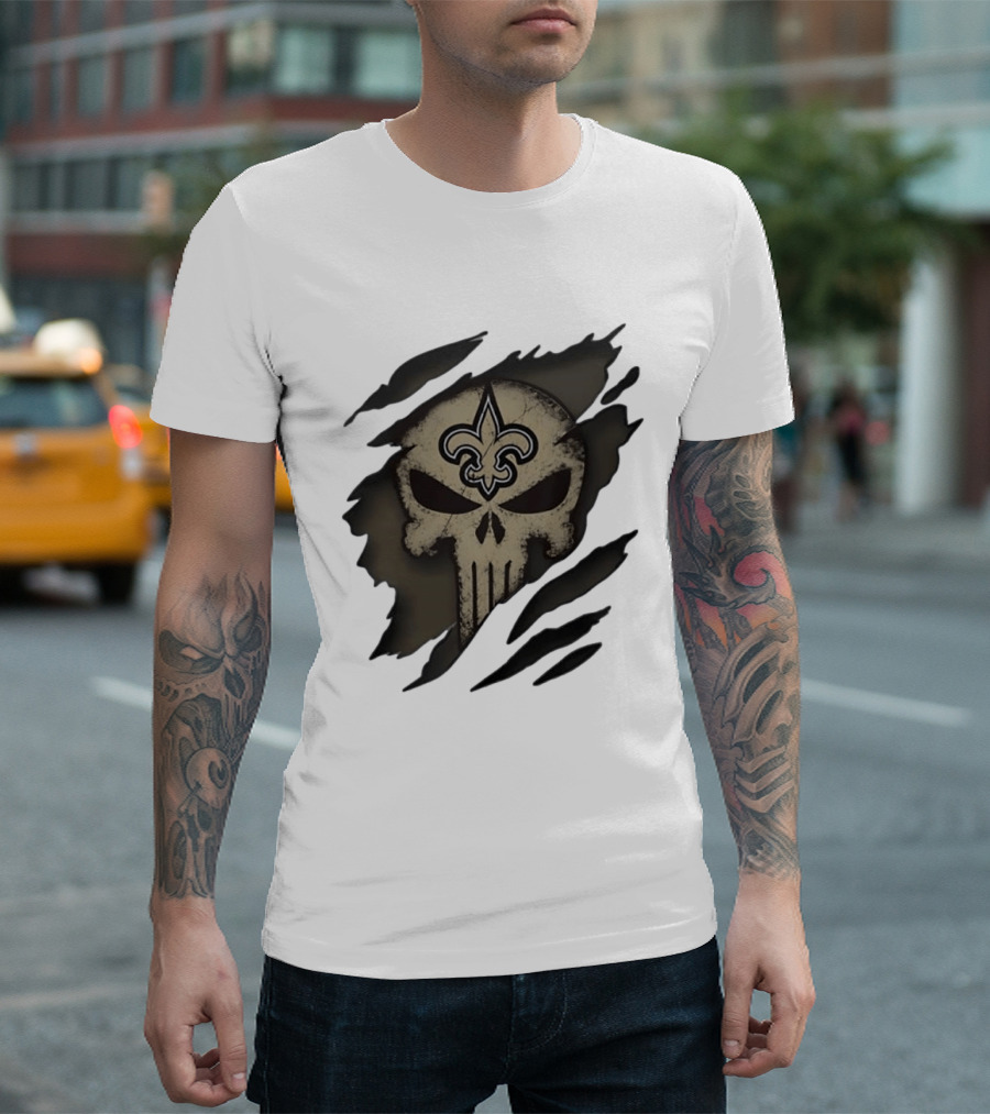 New Orleans Saints Punisher Skull Fleur De Lis Collaboration T-Shirt