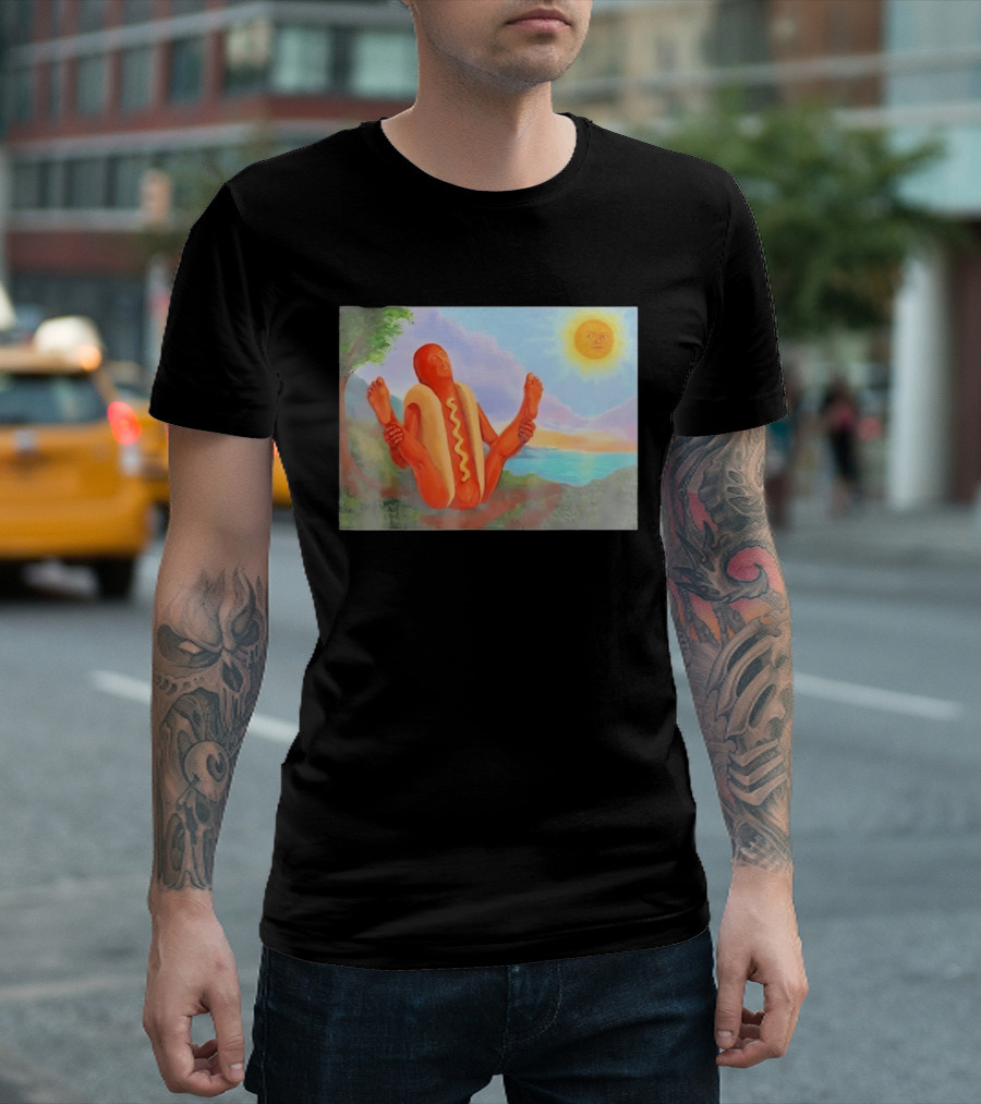 Surreal Hot Dog Doing Yoga At Sunrise With Smiling Sun T-Shirt