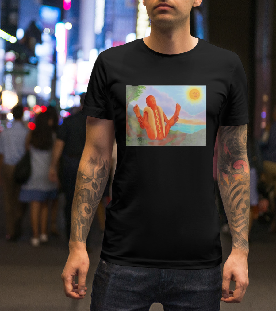 Surreal Hot Dog Doing Yoga At Sunrise With Smiling Sun T-Shirt