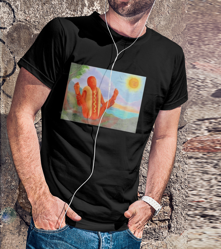 Surreal Hot Dog Doing Yoga At Sunrise With Smiling Sun T-Shirt