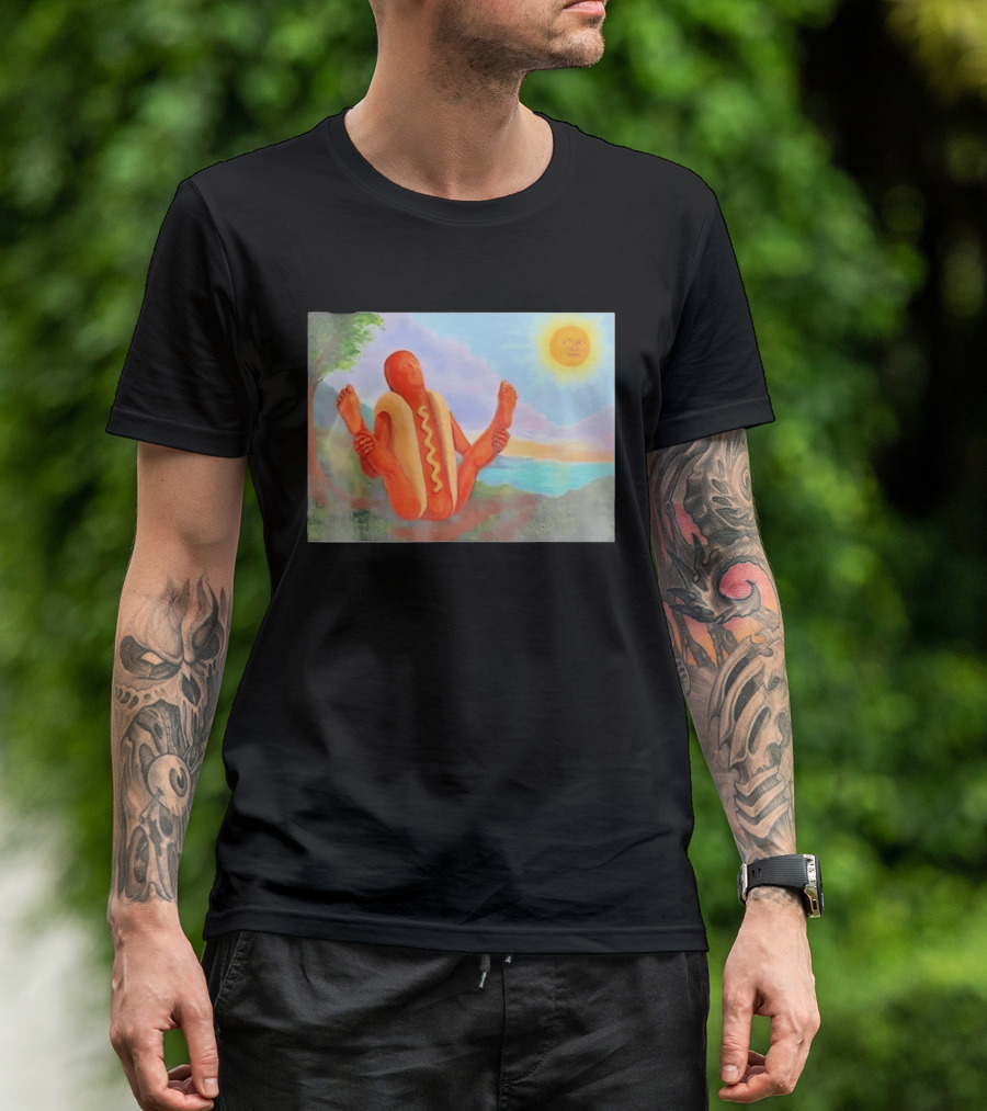 Surreal Hot Dog Doing Yoga At Sunrise With Smiling Sun T-Shirt