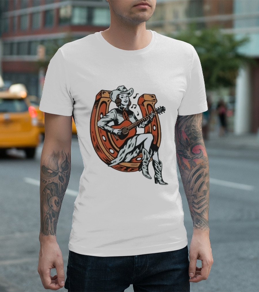 Cowgirl Playing Guitar On Horseshoe Classic Western Music Scene T-Shirt
