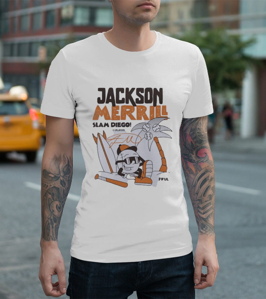 Jackson Merrill San Diego Padres Slam Diego Foul Territory Cartoon Baseball Palms T-Shirt