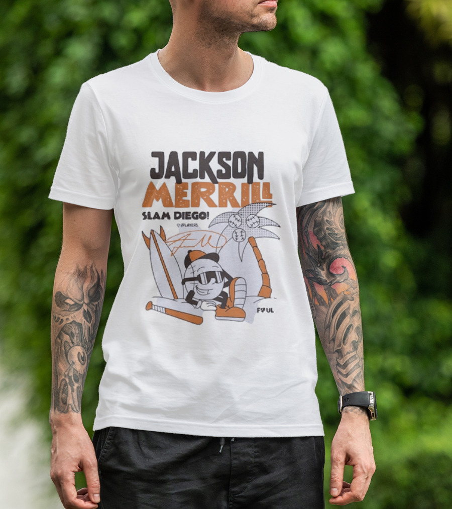 Jackson Merrill San Diego Padres Slam Diego Foul Territory Cartoon Baseball Palms T-Shirt