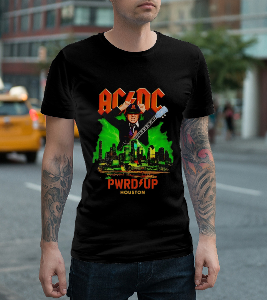 AC DC Angus Young Pwr Up Houston Hard Rock Skyline Electric Guitar T-Shirt