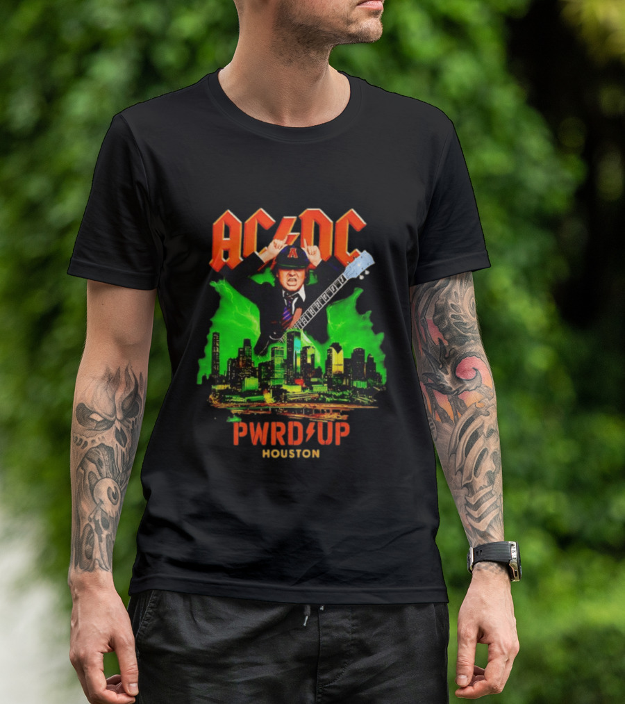 AC DC Angus Young Pwr Up Houston Hard Rock Skyline Electric Guitar T-Shirt