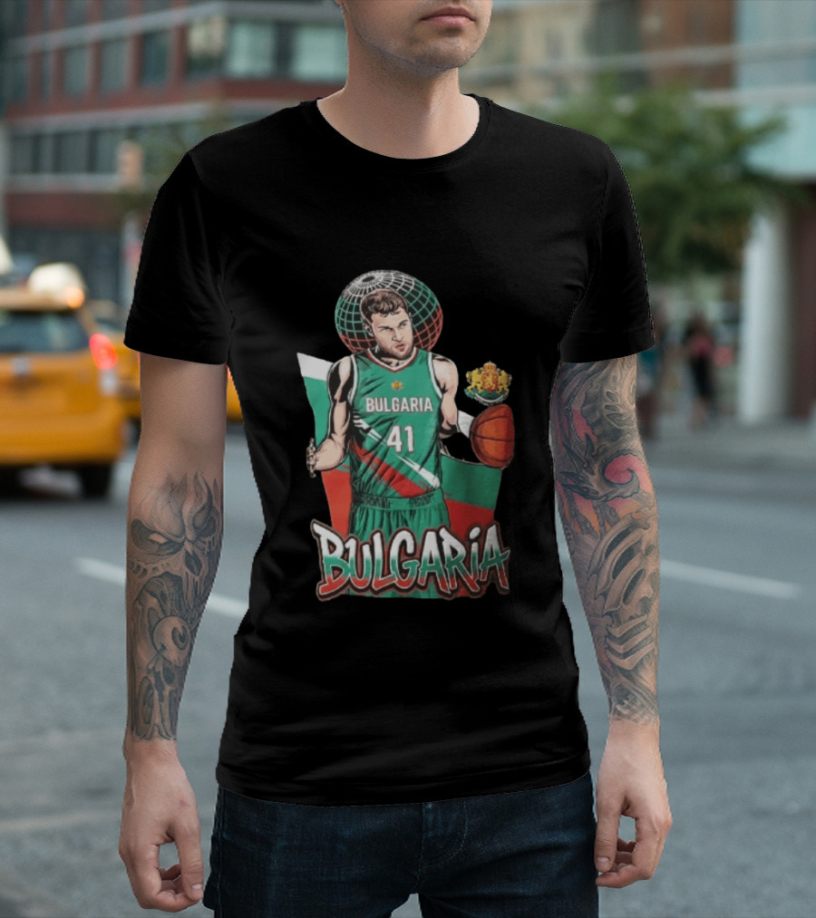 Bulgaria 41 Basketball Player Caricature Holding Ball Globe T-Shirt