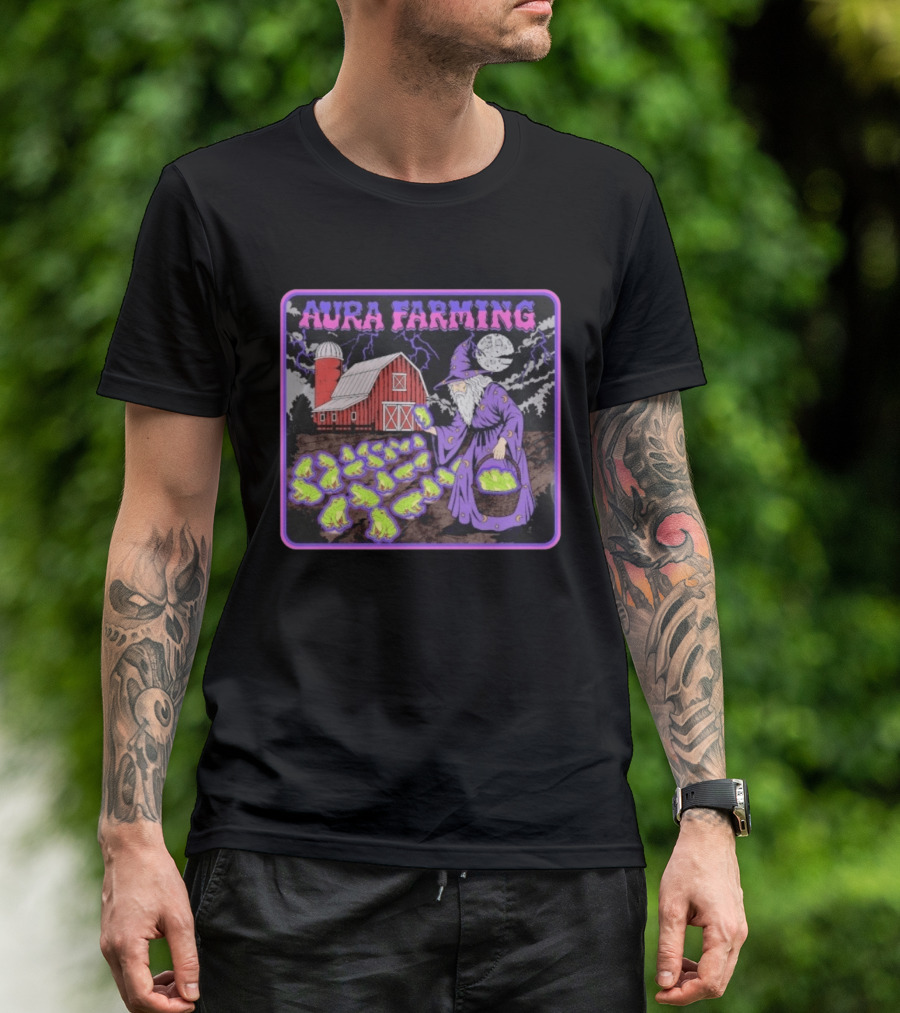 Aura Farming Moonlit Sorcerer Harvests Glowing Frogs Barn Wizard Magic T-Shirt