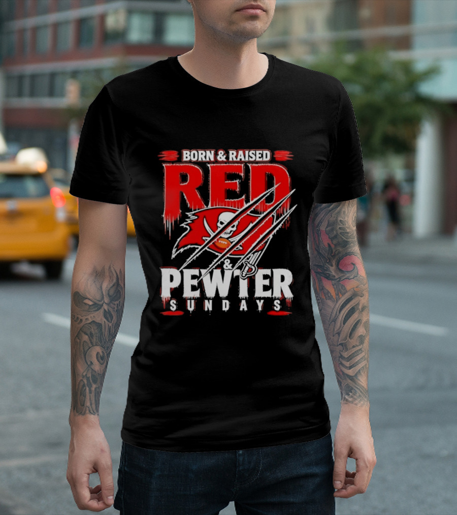 Born & Raised Red & Pewter Sundays Tampa Bay Buccaneers Fan Gear T-Shirt