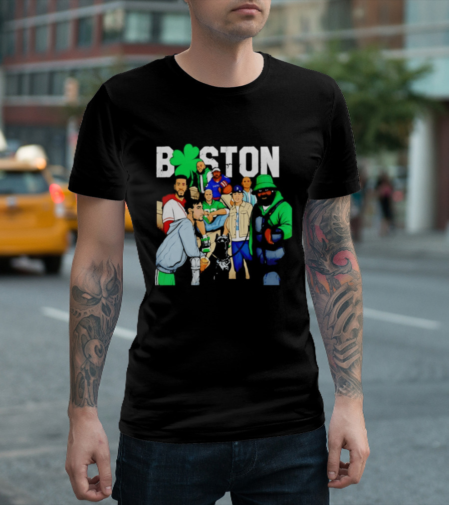 Boston Green Clover Sports Fan Characters Distressed Look T-Shirt