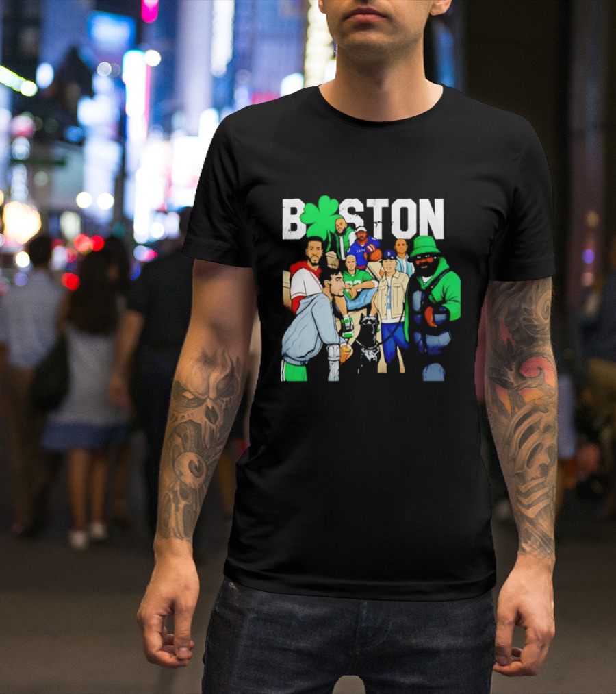 Boston Green Clover Sports Fan Characters Distressed Look T-Shirt