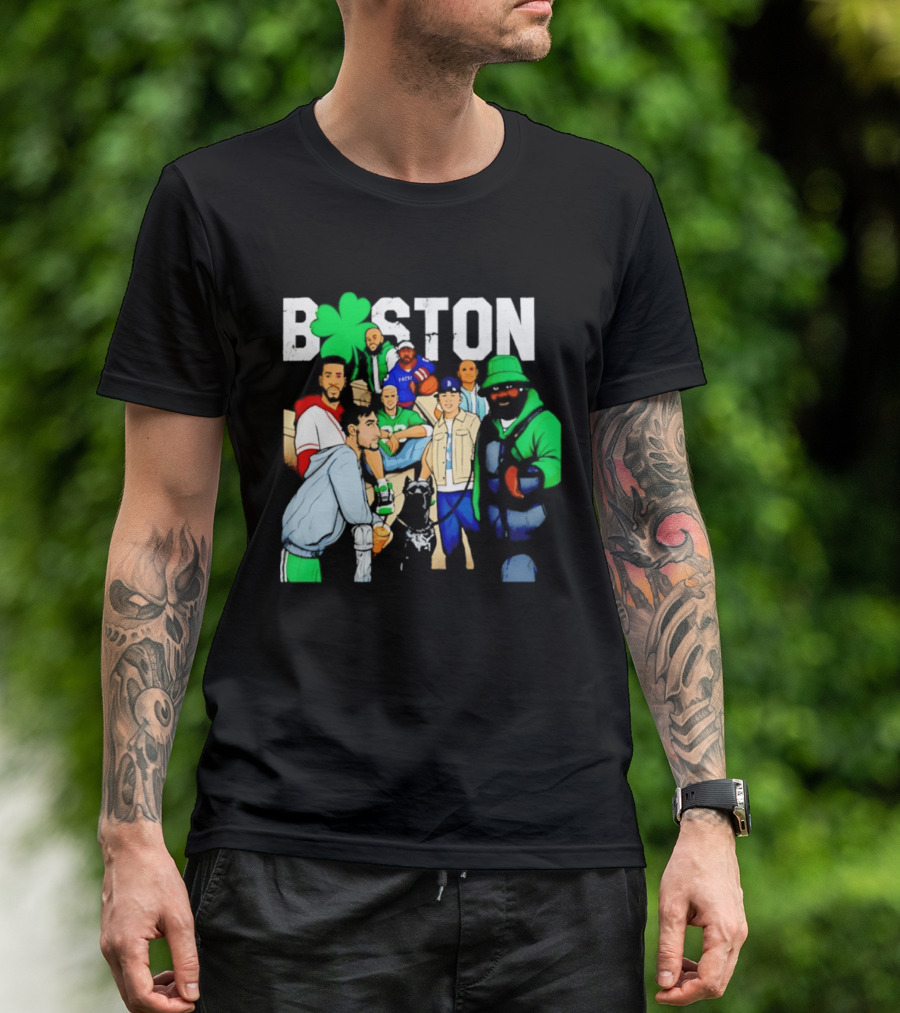 Boston Green Clover Sports Fan Characters Distressed Look T-Shirt