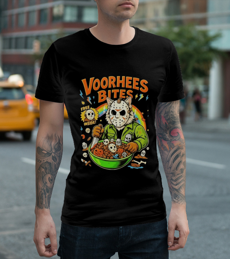 Voorhees Bites Jason Voorhees Cat Cereal Horror Mask Rainbow Feline Bowl Skeletons T-Shirt