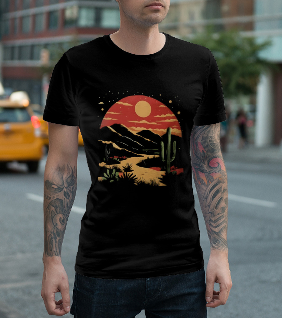 Sunset Sky Desert Saguaro Cactus Western Mountains Landscape Scene T-Shirt