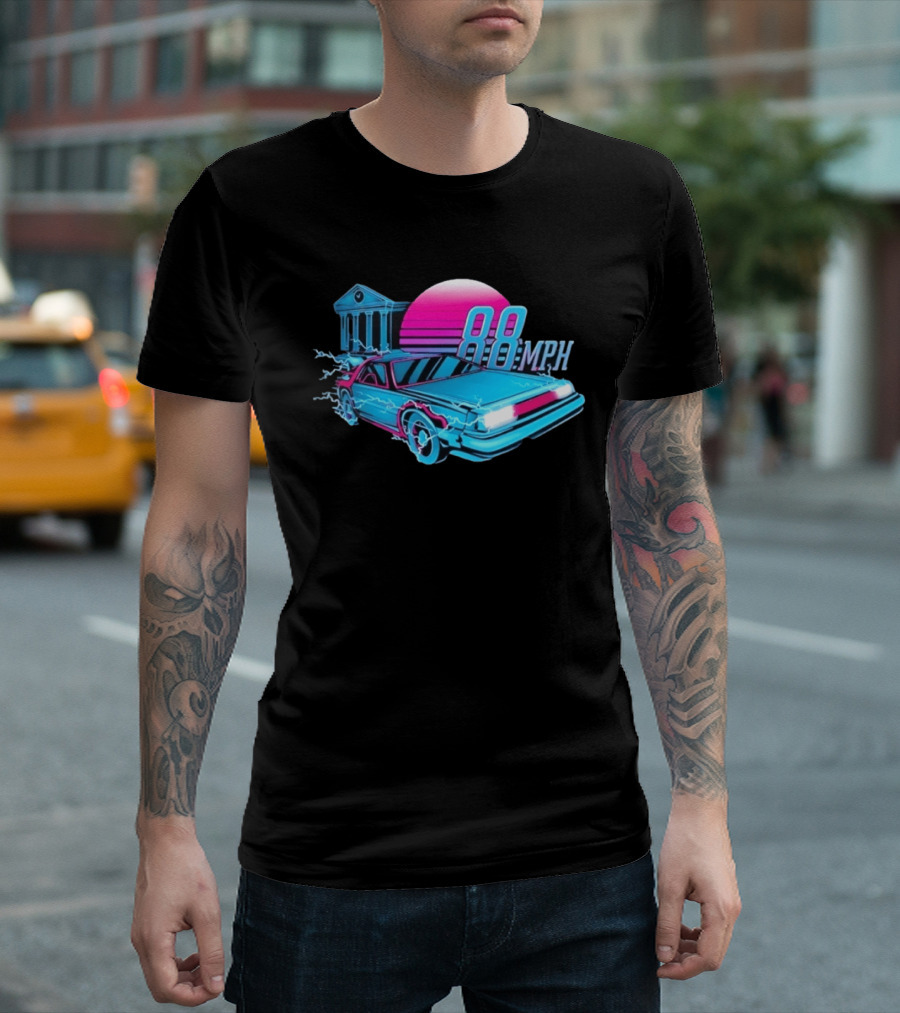 Back To The Future DeLorean 88 MPH Neon Style With Sunset And Tower T-Shirt