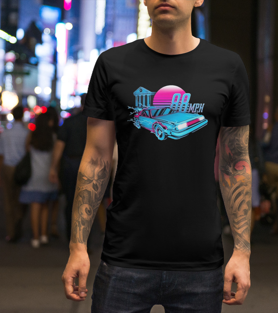 Back To The Future DeLorean 88 MPH Neon Style With Sunset And Tower T-Shirt