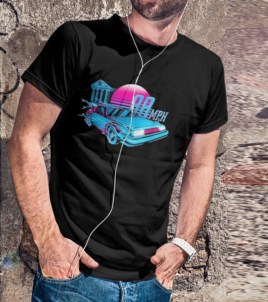 Back To The Future DeLorean 88 MPH Neon Style With Sunset And Tower T-Shirt
