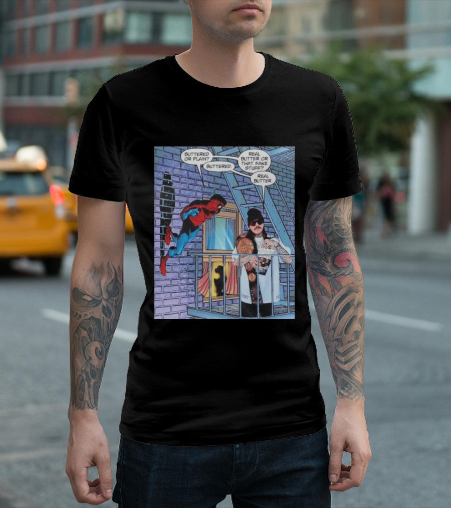 Spider Man Bret Hart Real Buttered Popcorn Balcony Scene T-Shirt