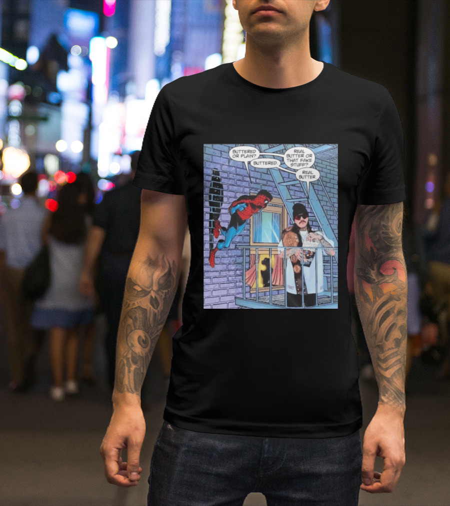 Spider Man Bret Hart Real Buttered Popcorn Balcony Scene T-Shirt