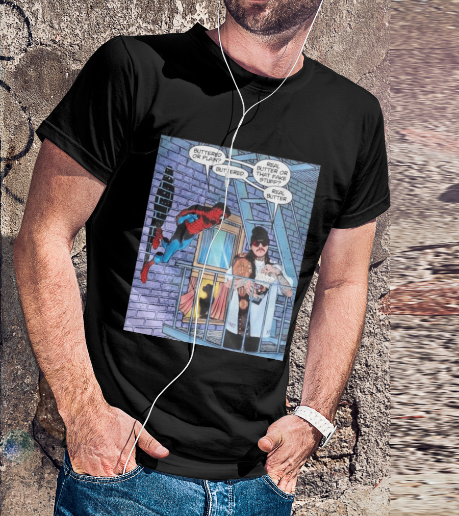 Spider Man Bret Hart Real Buttered Popcorn Balcony Scene T-Shirt