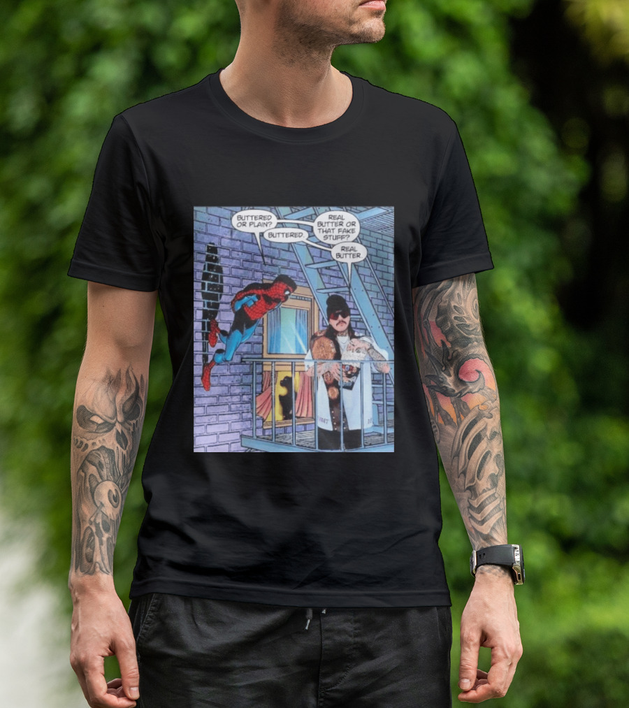 Spider Man Bret Hart Real Buttered Popcorn Balcony Scene T-Shirt