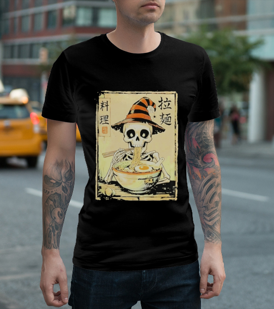 Witch Skeleton Eating Ramen With Japanese Kanji Characters T-Shirt