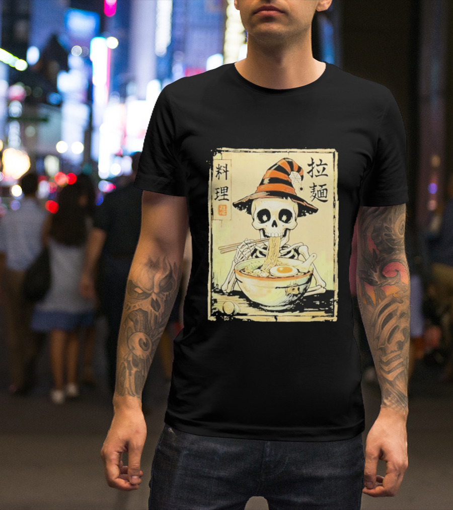 Witch Skeleton Eating Ramen With Japanese Kanji Characters T-Shirt