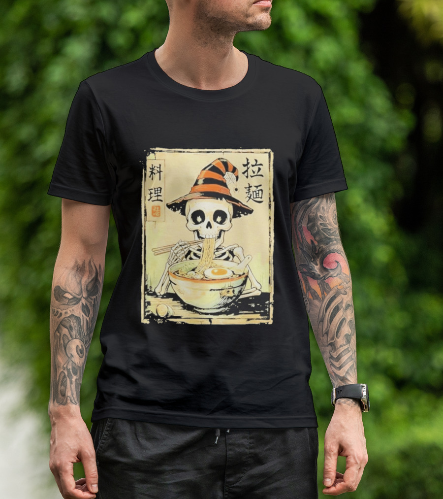 Witch Skeleton Eating Ramen With Japanese Kanji Characters T-Shirt