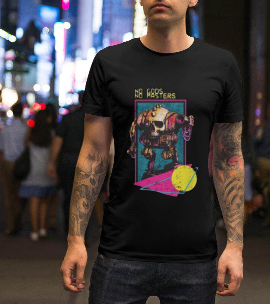 Black Magic Creative Store BMC No Gods No Masters Skull Robot T-Shirt