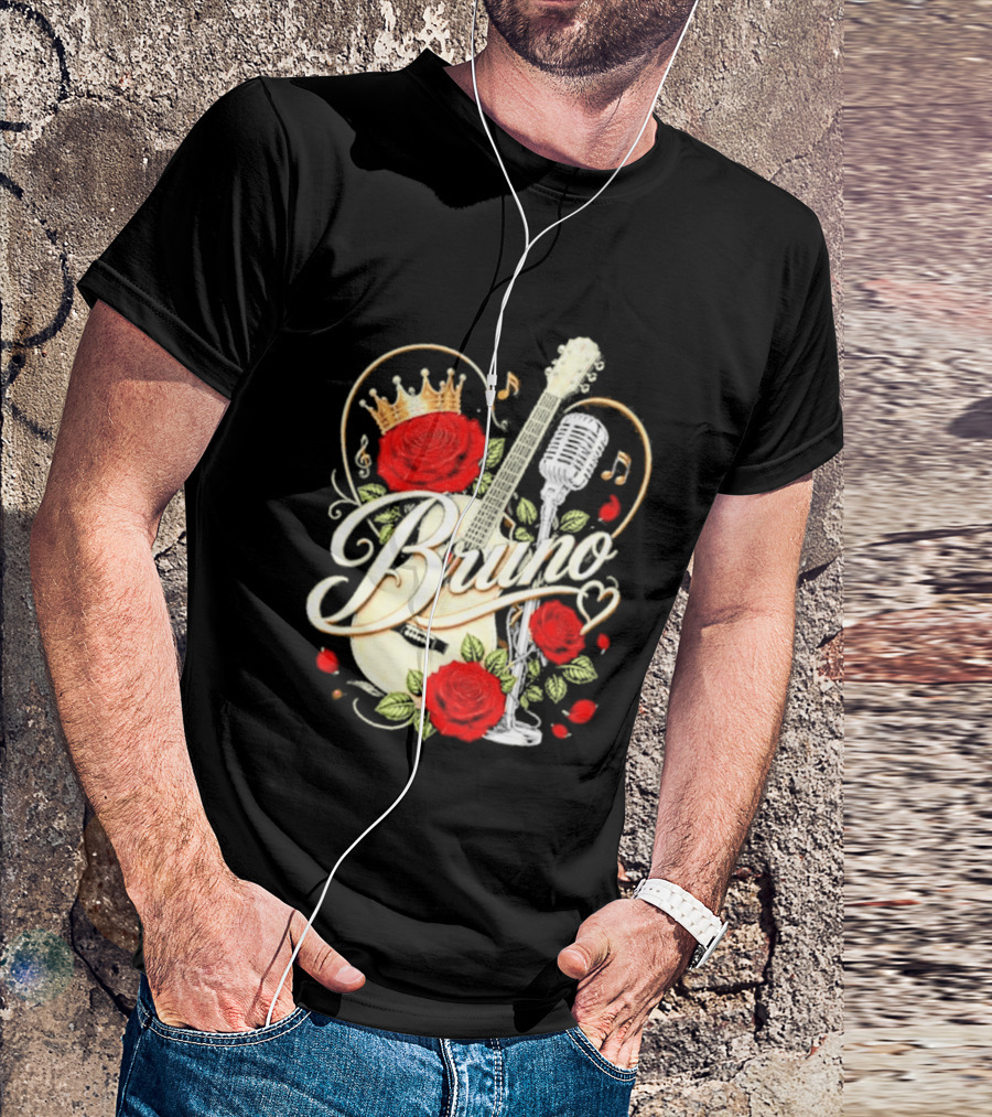 Bruno Rose Crown Guitar And Microphone With Music Notes T-Shirt