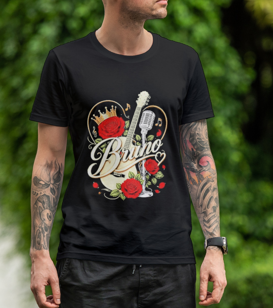 Bruno Rose Crown Guitar And Microphone With Music Notes T-Shirt