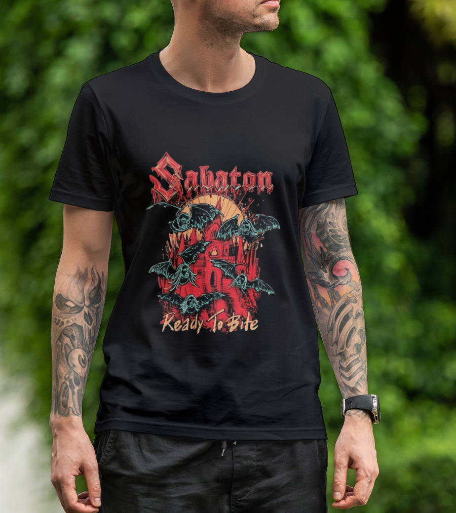 Sabaton Ready To Bite Heavy Metal Band Vampire Bats Castle T-Shirt