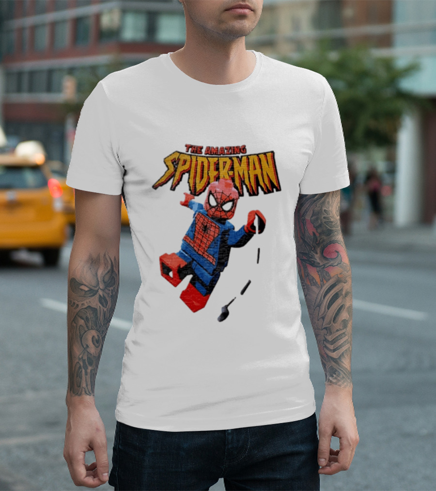 Spider Man The Amazing Lego Minifigure Swinging On Web Iconic Marvel Hero T-Shirt