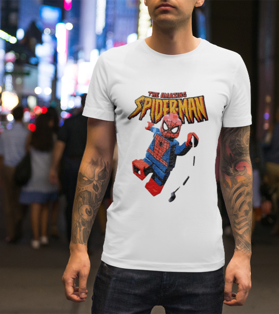 Spider Man The Amazing Lego Minifigure Swinging On Web Iconic Marvel Hero T-Shirt