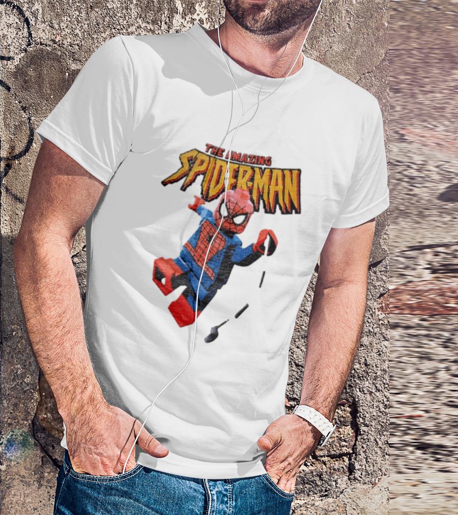 Spider Man The Amazing Lego Minifigure Swinging On Web Iconic Marvel Hero T-Shirt