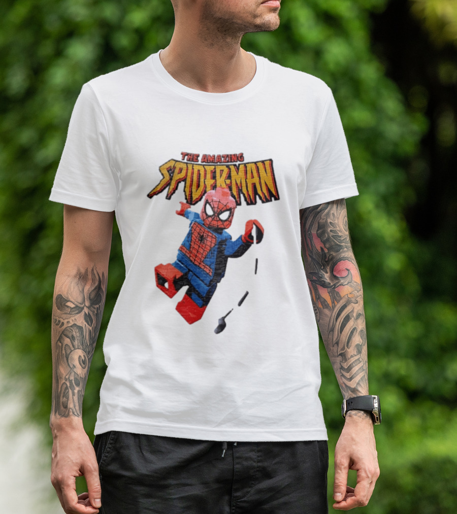 Spider Man The Amazing Lego Minifigure Swinging On Web Iconic Marvel Hero T-Shirt