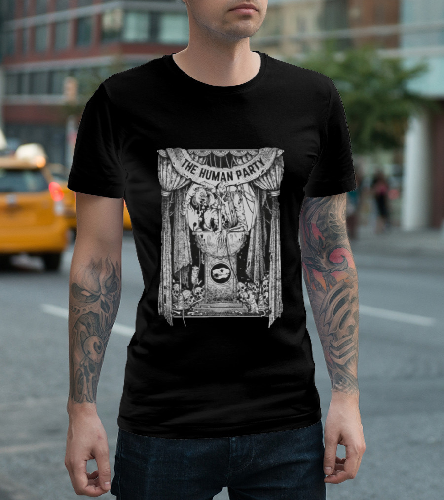 The Human Party Macabre Skeleton Dark Gothic Stage Curtain Scene T-Shirt