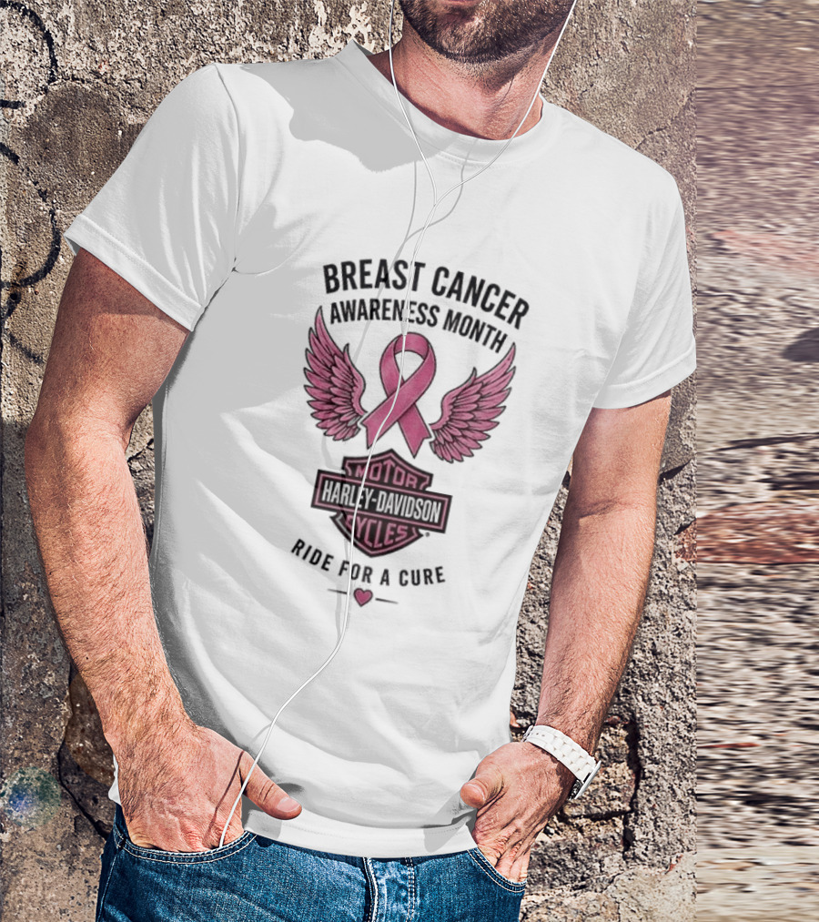 Breast Cancer Awareness Month Harley Davidson Motor Cycles Pink Ribbon Ride For A Cure T-Shirt