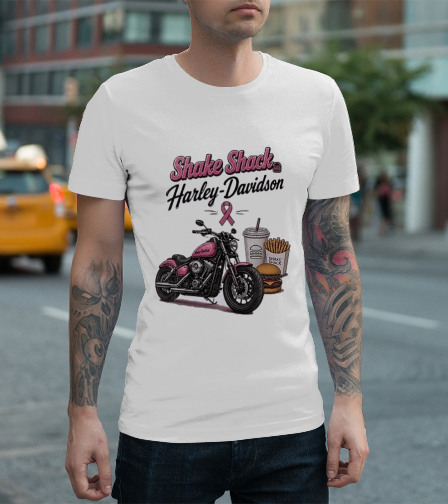 Shake Shack Harley Davidson Pink Ribbon Burger Fries Breast Cancer Awareness Month T-Shirt