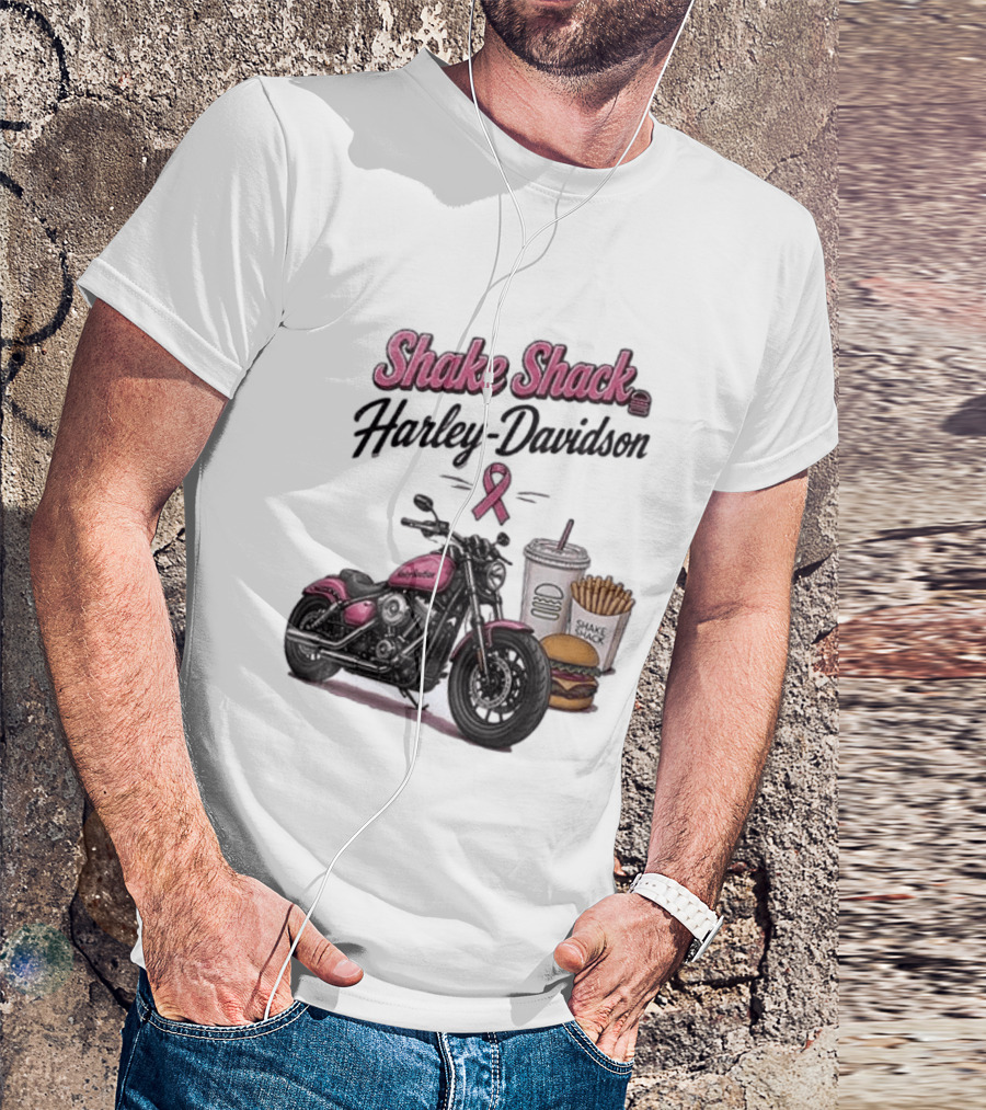 Shake Shack Harley Davidson Pink Ribbon Burger Fries Breast Cancer Awareness Month T-Shirt