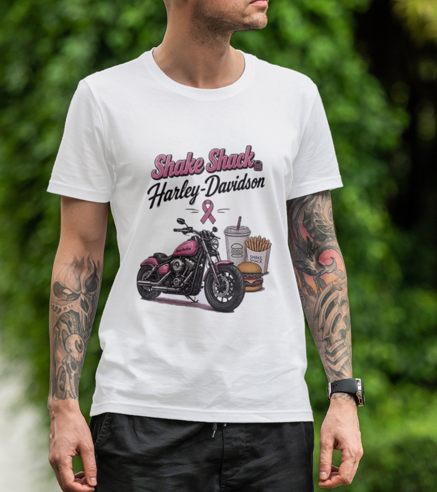 Shake Shack Harley Davidson Pink Ribbon Burger Fries Breast Cancer Awareness Month T-Shirt