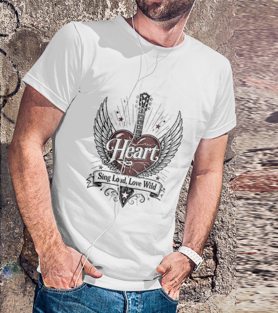 Heart Sing Loud Love Wild Wings Guitar T-Shirt