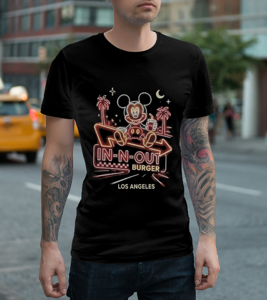Mickey Mouse In N Out Burger Neon Los Angeles Palm Trees T-Shirt