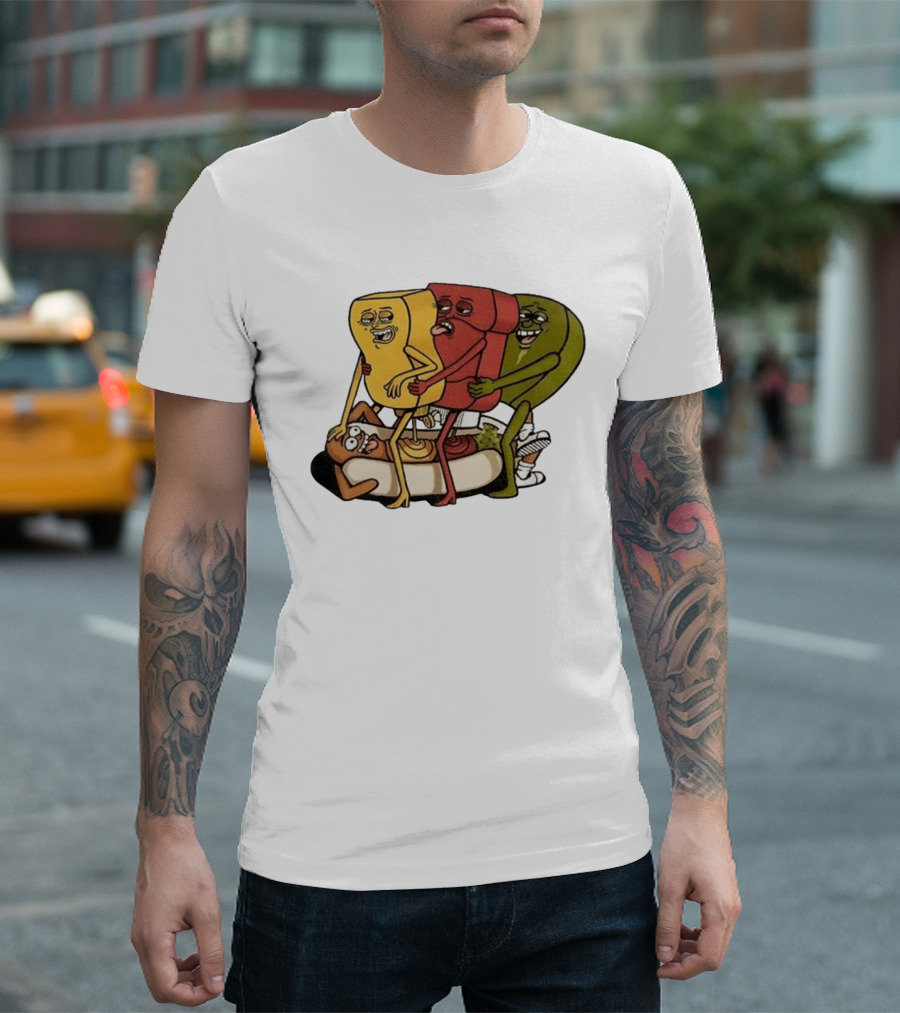 Hot Dog Topped With Mustard Ketchup And Relish Cartoon Characters T-Shirt