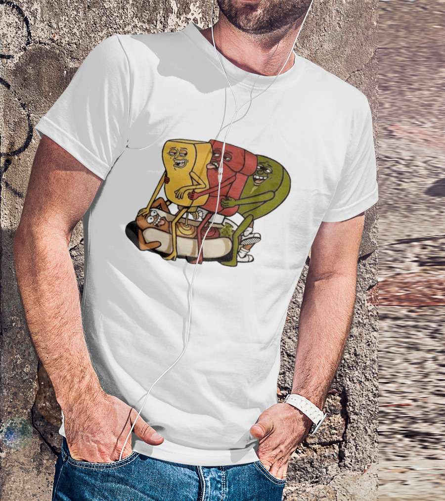 Hot Dog Topped With Mustard Ketchup And Relish Cartoon Characters T-Shirt