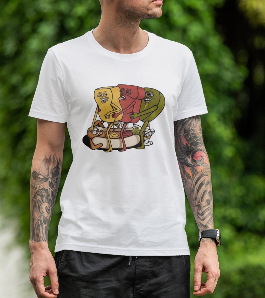 Hot Dog Topped With Mustard Ketchup And Relish Cartoon Characters T-Shirt
