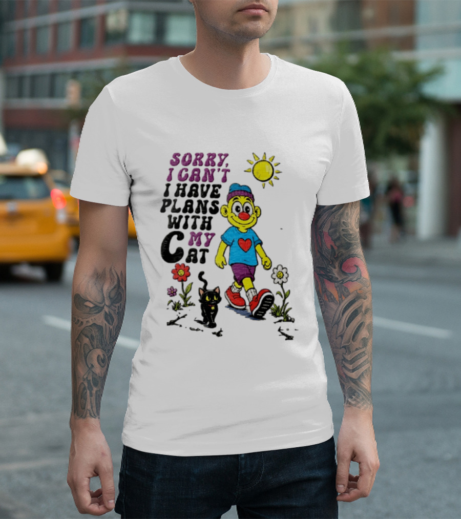 Sorry I Can't I Have Plans With My Cat Cartoon Yellow Figure Walking Sunflowers T-Shirt